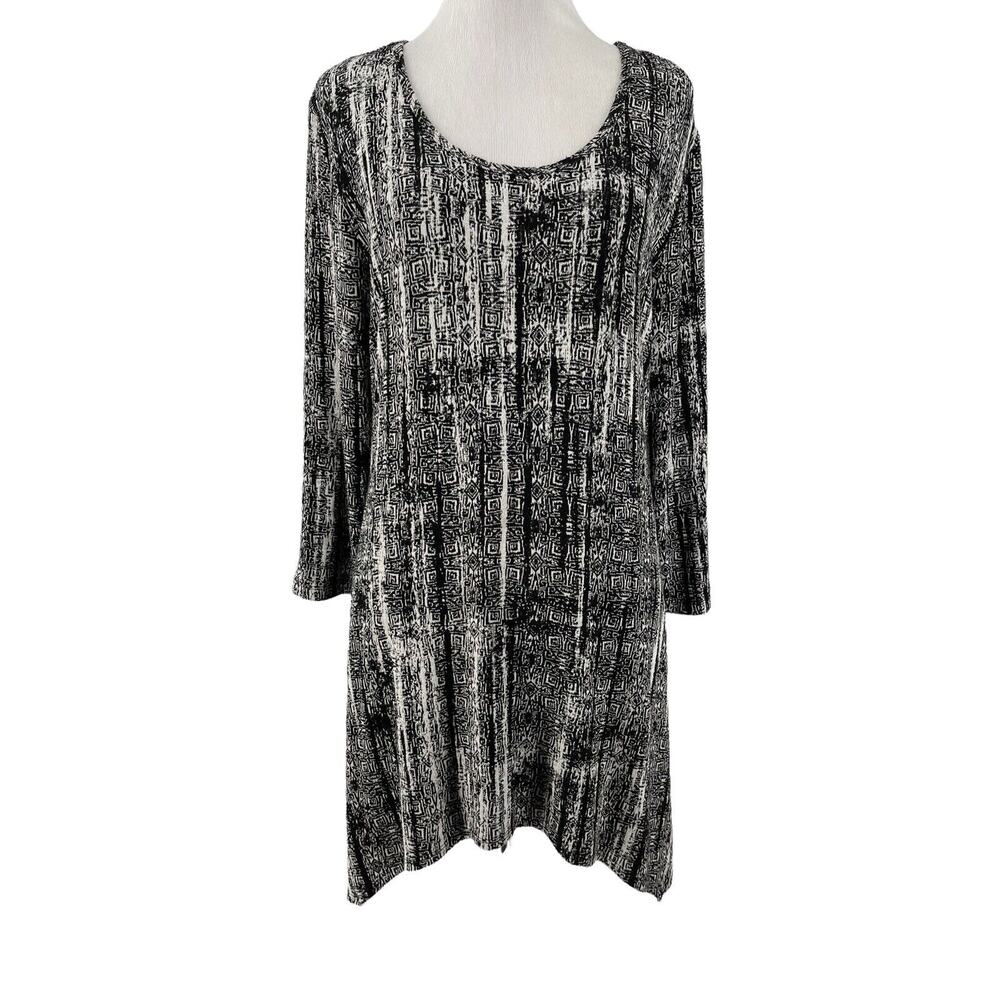 Tianello Women's Black‎ White Printed Asbury 3/4 Sleeve Knit Tunic Size Medium